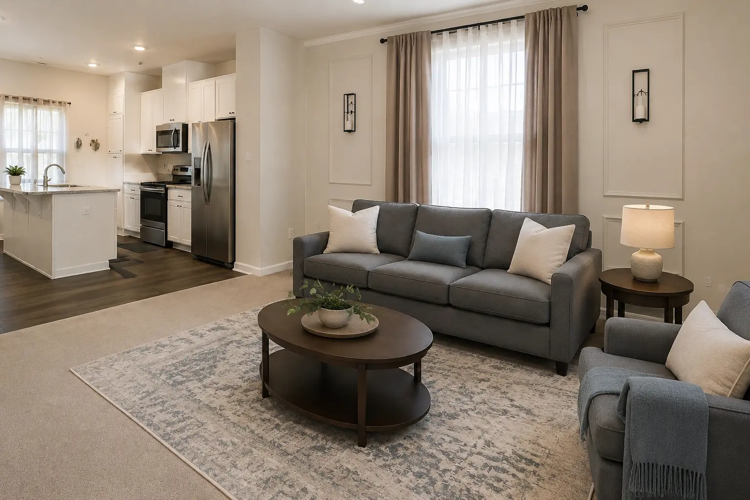 Shared living room with sofa, armchair and the open kitchen beyond