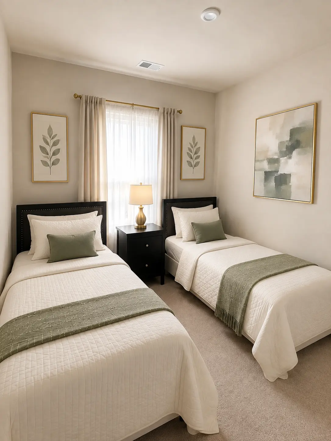 Furnished bedroom with two twin beds, sage green accents and framed botanical art