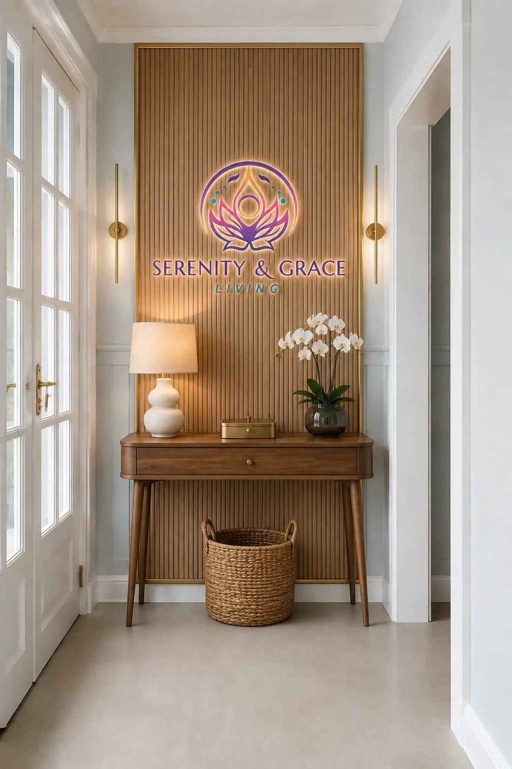 The Serenity & Grace Living sign above a console table with fresh orchids
