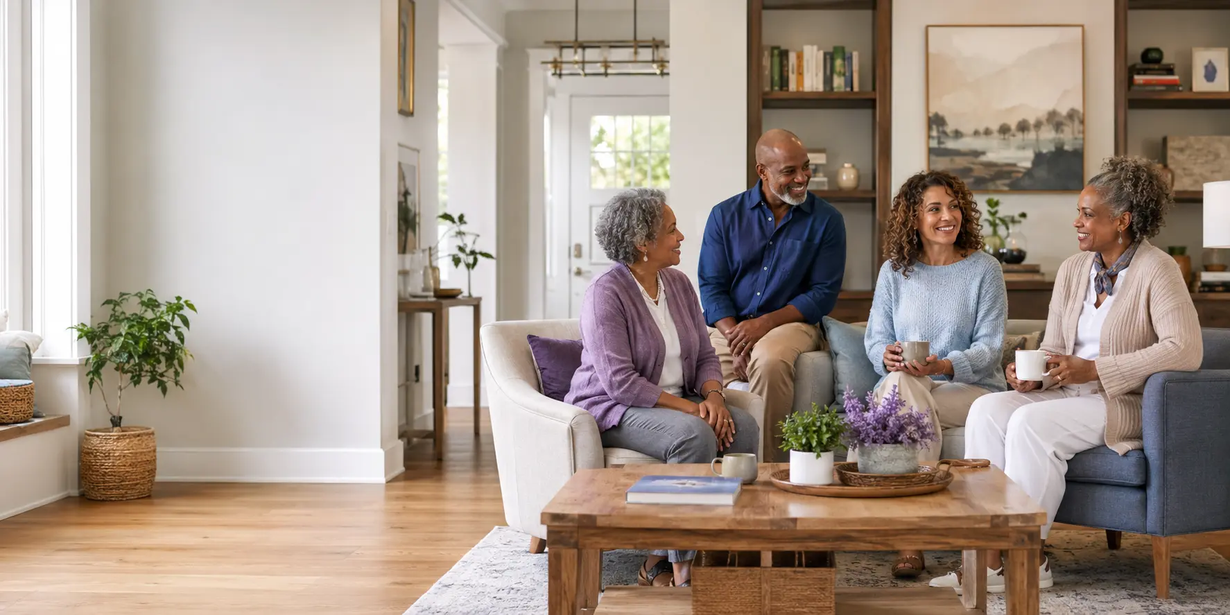Residents relaxing together in the shared living room of the Richmond home