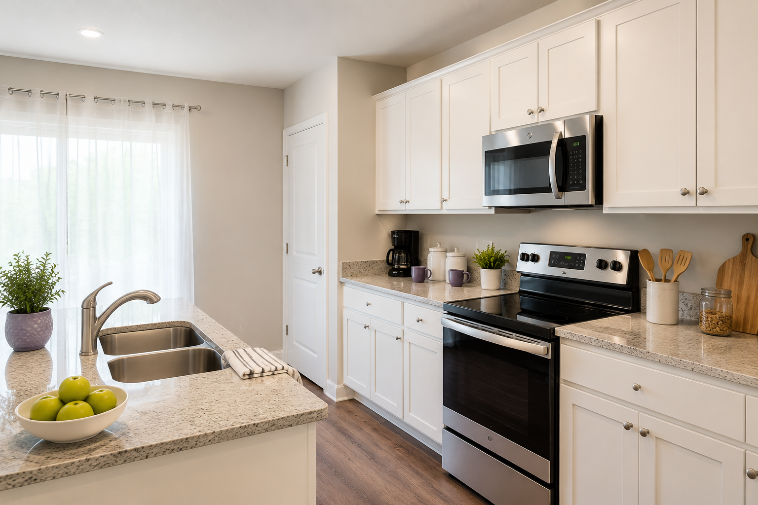 Shared kitchen with white cabinets, granite counters, full-size stove, microwave and coffee maker