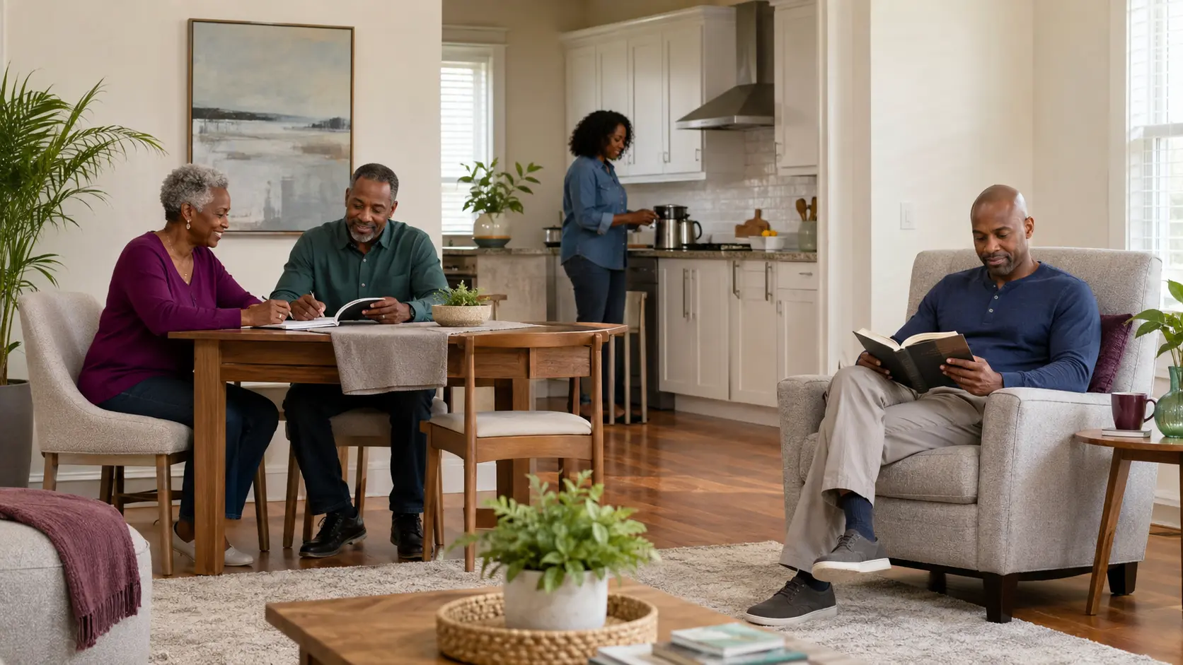 Open shared living room and kitchen with residents reading and having coffee