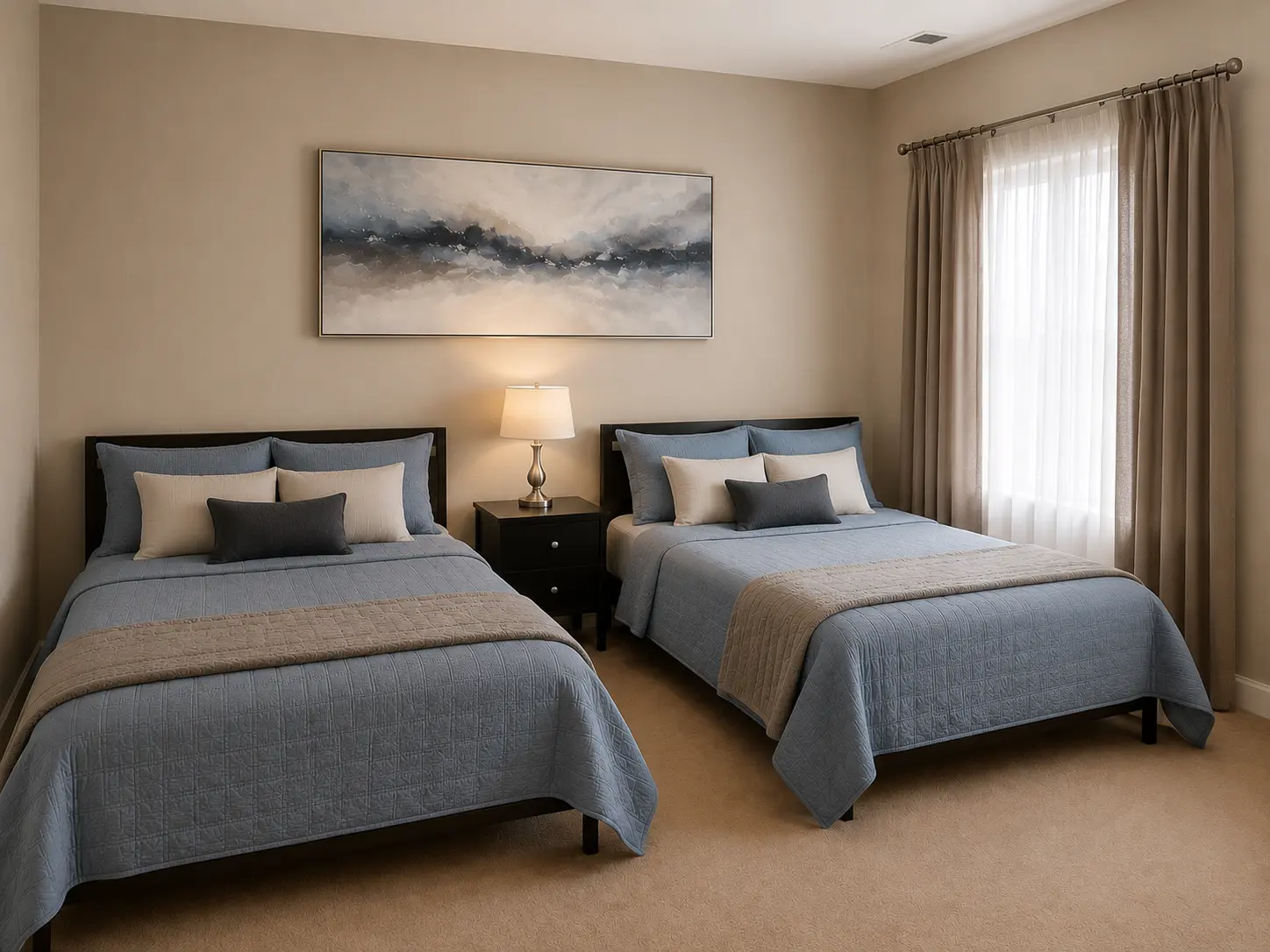 Furnished bedroom with two beds, blue quilts and warm lamplight